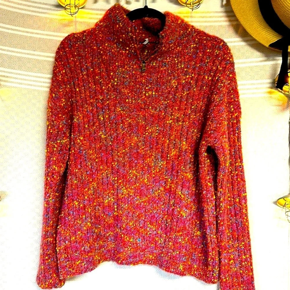 Hello Night pink sweater high neckline, quarter zipper small confetti type print